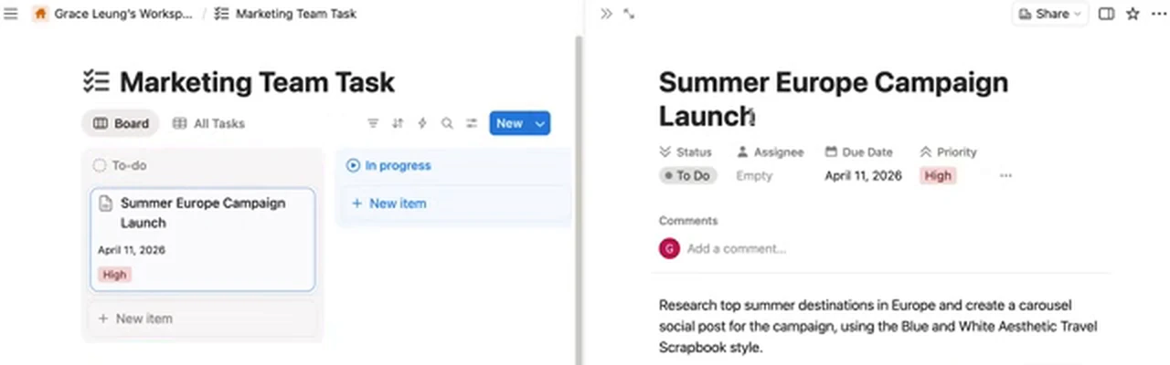 The shared Notion task board: a teammate drops "Summer Europe Campaign Launch" with a brief, and the AI team picks it up.