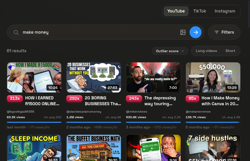 A real GOVRL outlier search on YouTube, videos ranked by Outlier Score such as 313x and 292x over each channel's average