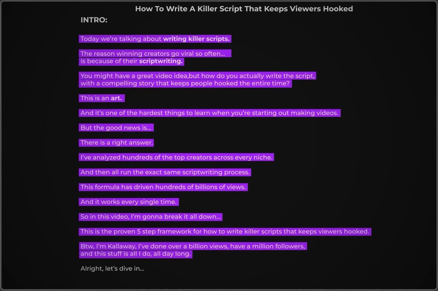 The intro he wrote for this exact video, highlighted line by line: context, the "this is an art" belief, the counter claim, the plan and his proof.