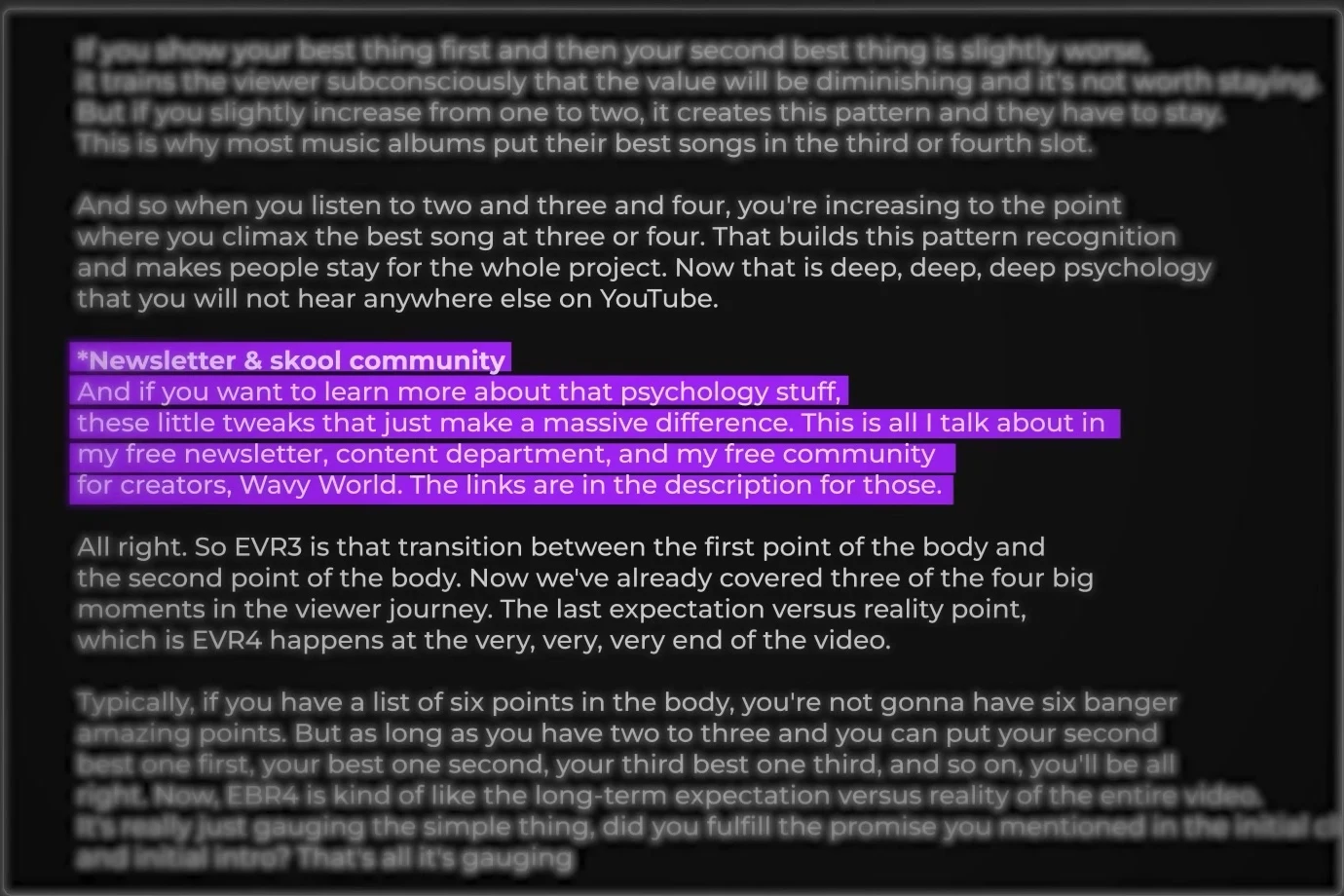 A native embed in his script document: the newsletter and community plug, highlighted, placed right after the deep psychology point it solves.