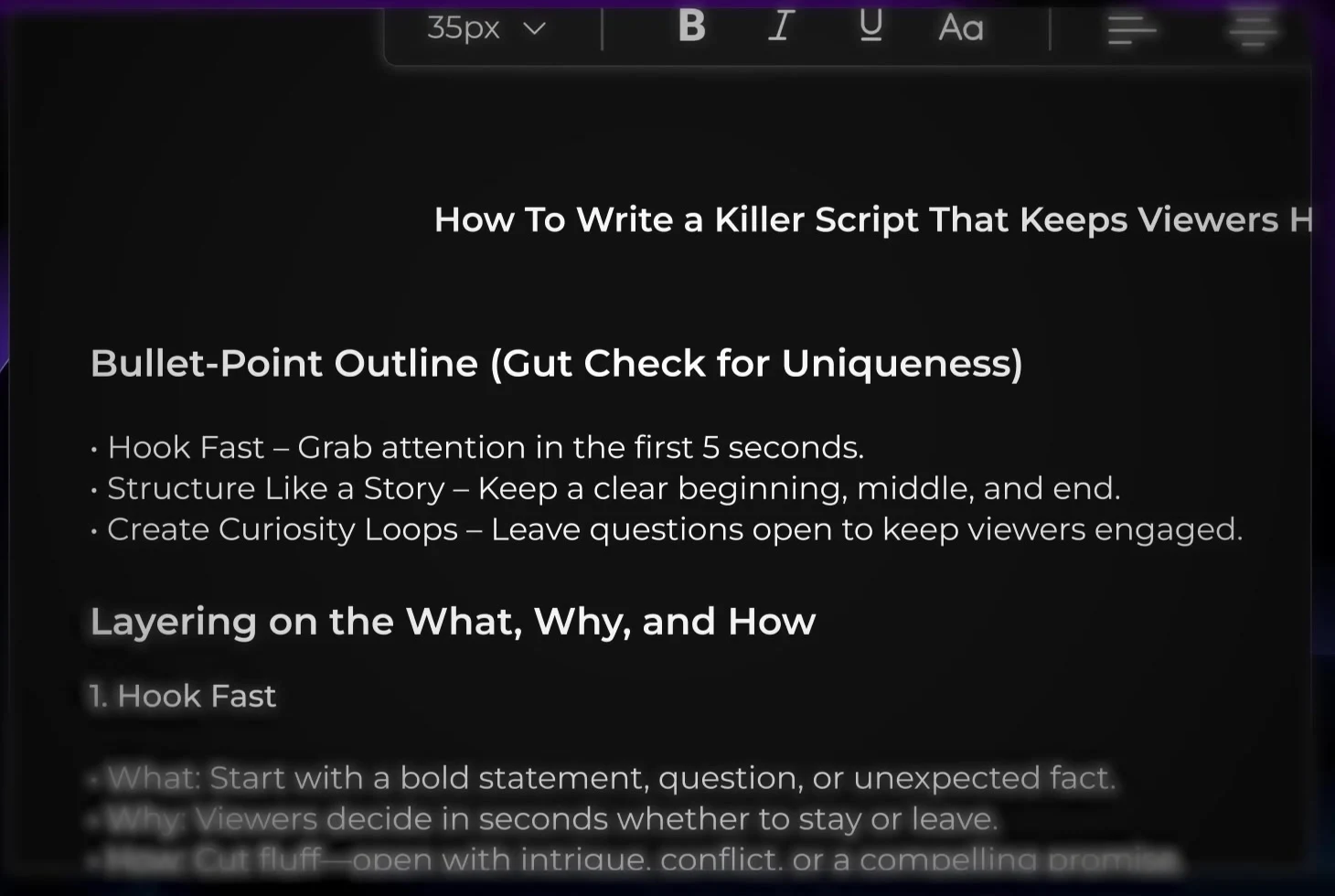 His outline document: a "gut check for uniqueness" bullet list, then the what, why and how layered onto each point.