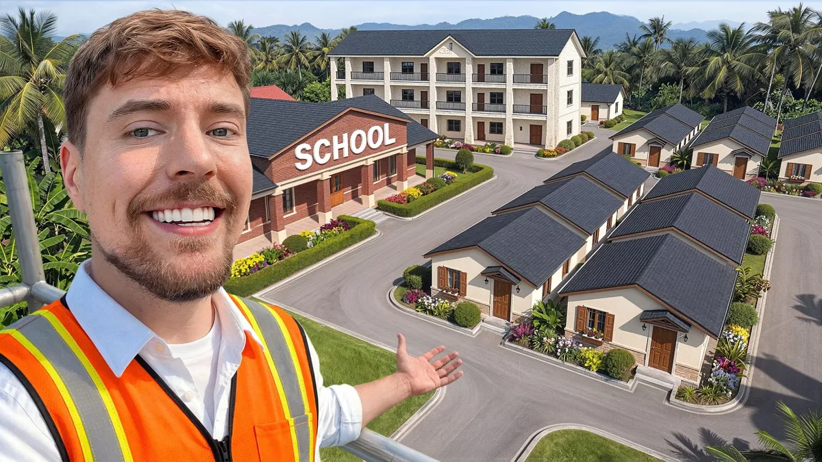 MrBeast thumbnail for "I Built A City To Save Kids From Illegal Labor": MrBeast smiling in a safety vest, pointing at a newly built village with a building labelled SCHOOL